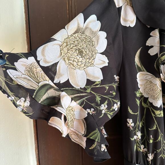 EVER NEW | Black Floral Print Wrap Dress Ruffle Sleeve Ruffle Neck | Size 12 - Picture 6 of 7